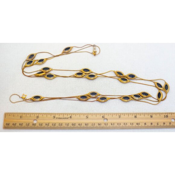 21 inch, Vintage Gold Tone Black Oval Eye-shaped Beads Multi Strand Necklace G1 - Picture 3 of 3